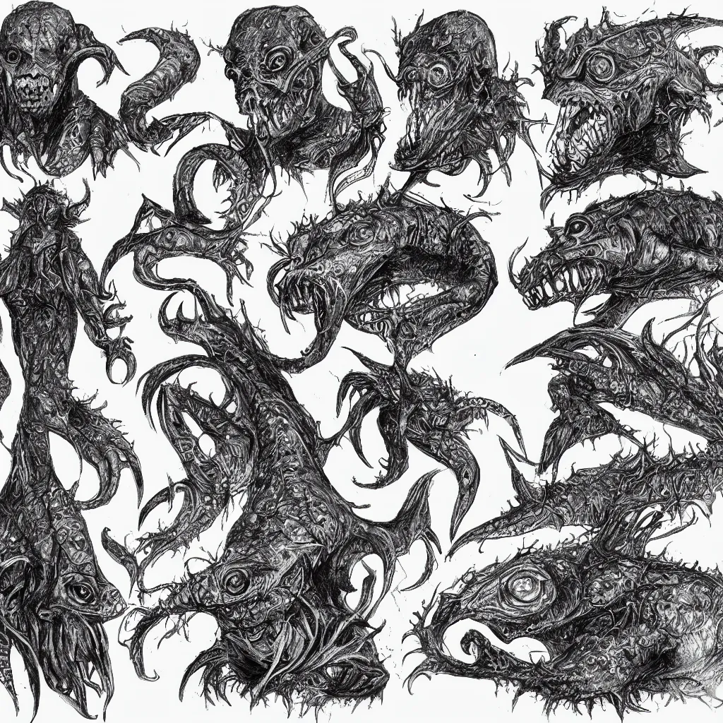 Prompt: super detailed studio portraits of innsmouth dweller concept art, innsmouth ocean - dwellers pencil sketch, mutant, fishmen, lovecraftian, hp lovecraft style, artistic photo, noir, monochrome, dark atmosphere, fine art, ink sketch