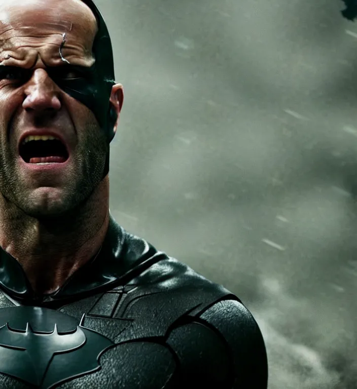 Image similar to cinematic still of jason statham as batman, screaming in pain, dramatic rain, 8 k