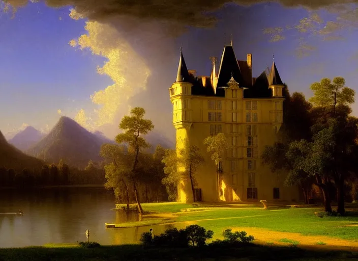 Prompt: beautiful illustration of chateau in a serene landscape, by albert bierstadt, magic realism, narrative realism, beautiful matte painting, heavenly lighting, retrowave, 4 k hd wallpaper h 7 2 0