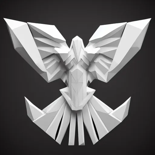 Image similar to isomorphic vector, low poly, white eagle icon, black background, cgsociety, volumetric lighting, artstationhq