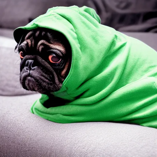 Image similar to a Pug wearing a green hoodie sitting on a couch, photo realistic, trending on artstation, HDR, nicely detailed, 8k