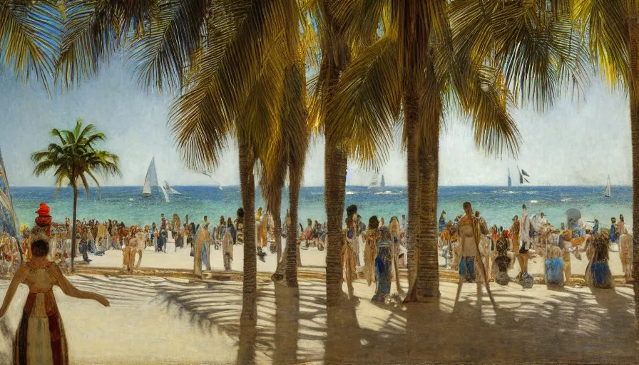 Image similar to a ultradetailed beautiful painting of the inside in the amazonas palace balustrade designed by jules bastien - lepage, tarsila do amaral, frank weston and gustave baumann, beach, trending on artstation, mediterranean, palm trees, sharp focus, sail boats, soft light, 8 k 4 k