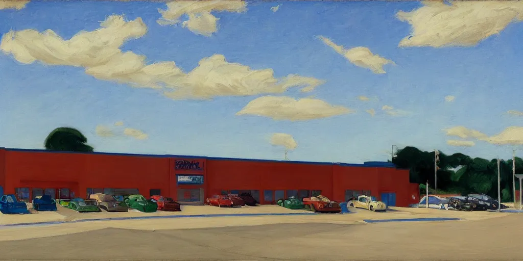 Image similar to The parking lot behind a Walmart in a North American suburban strip mall by Edward Hopper