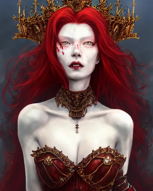 Image similar to redhead queen in heavy red armor, inside an epic gothic castle, baroque, large crown, heart eyes, face with scars, mad grin, intimidating, ominous, high fantasy, intricate detail, digital painting, artstation, concept art, smooth, sharp focus, illustration, art by yoshitaka amano and monia merlo and wlop