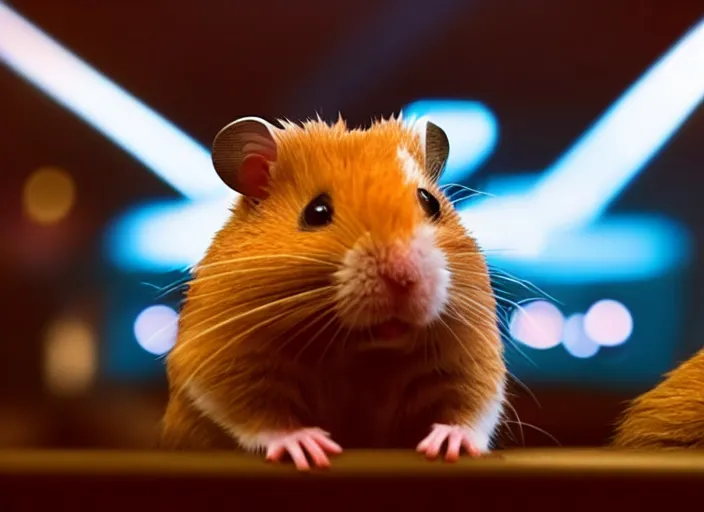 Image similar to hamsters in a cinema, movie still, cinematic, sharp focus, color grading from blade runner 2 0 4 9, cinematic grain, cinematic lighting, 8 k