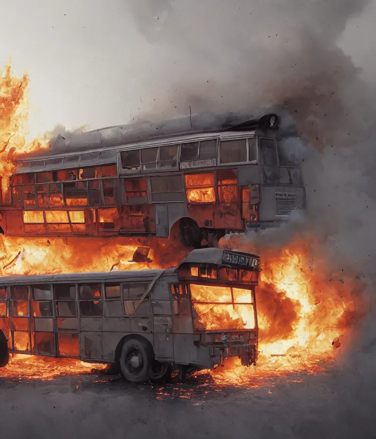 Image similar to a beautiful hyperrealistic detailed 3D render of a burning school bus, by Anton Otto Fischer, Atey Ghailan, genzoman, unreal engine, octane render, gigantic, 3D, brilliantly coloured, intricate, ultra wide angle, trending on artstation, embers, smoke, dust, dusk, volumetric lighting, HDR, polished, micro details, ray tracing, 8k