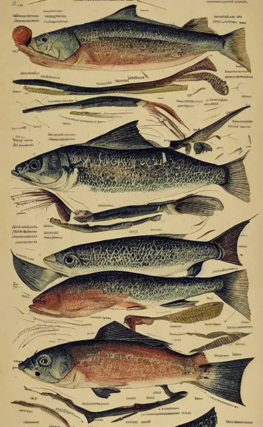 Prompt: a page of fish anatomy atlas, 1 9 0 0 s, highly detailed