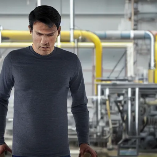 Prompt: a guy in a grey shirt with long sleeves and wearing dark blue jeans, dark black hair and no visible facial hair at all looking in the distance to see a factory plotting something ( highly detailed, and cinematic movie shot, greatly illustrated, photo - realistic, hyperrealistic image, 4 k, uhd, good quality still frame photo )