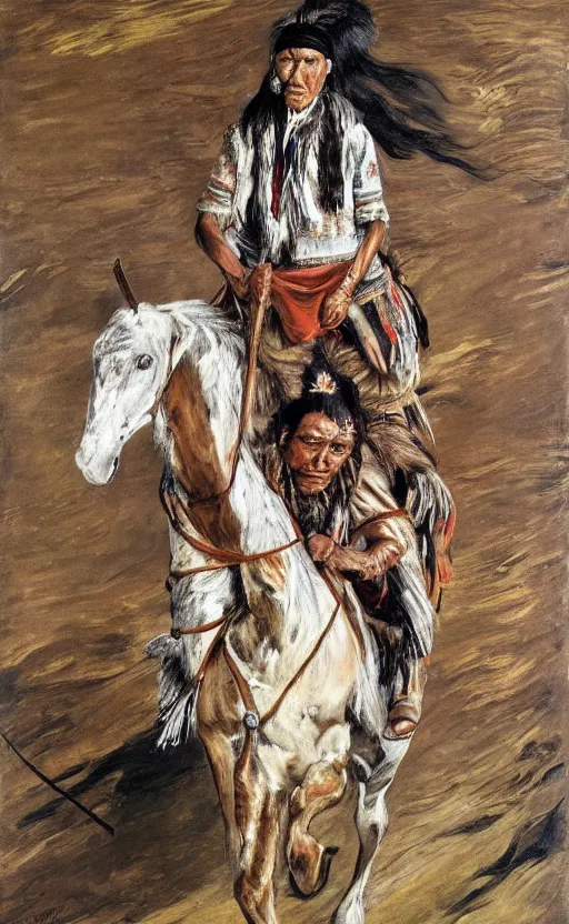 Image similar to full body shot picture of indigenous people leader riding a horse, painted by lucian freud, hd, super detailed, realistic, muted colors