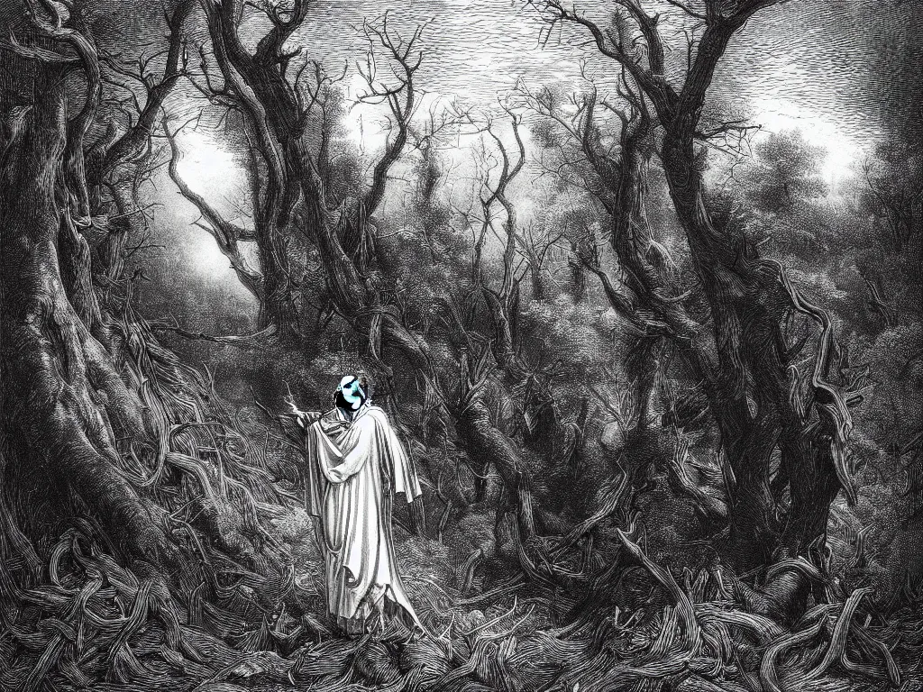 Image similar to an engraving of dante within a dark tangled forest, wistman ’ s wood by gustave dore