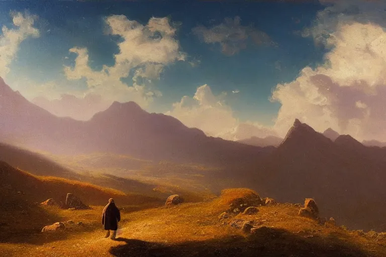 Prompt: a traveler wandering trough the mountains looking at the clouds, very detailed, focused, oil painting, cinematic lighting, albert bierstadt, trending on artstation, colorful, canvas, sunset, hans dahl, theodor kittelsen, hermann hendrich, national geographic, Konstantin Yakovlevich Kryzhitsky, beautiful nature, breathtakingn nordic