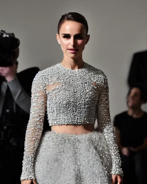 Image similar to nathalie portman at the new york fashion week, wearing an outfit made from crystals, photo by greg rutkowski, soft lighting, female beauty, intricate detail, elegance, sharp shapes, masterpiece