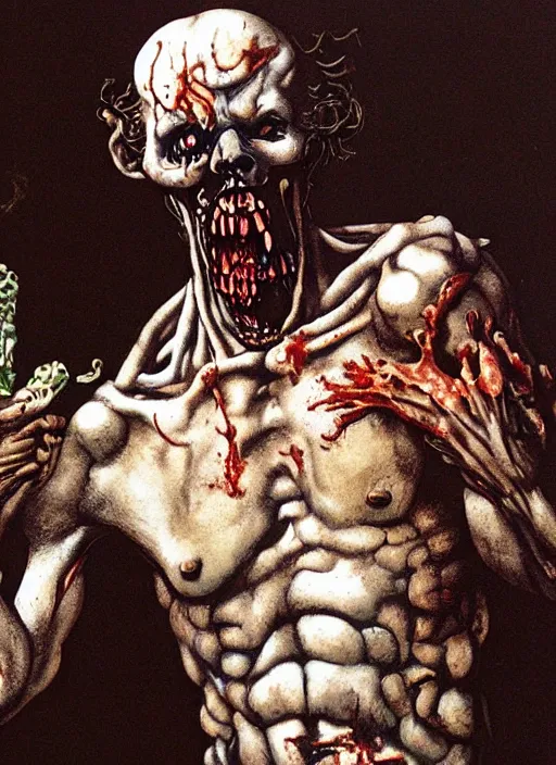 Image similar to Michelangelo painting of a disgusting vile zombie monster eating a man, cult horror, kitchen inspired by The Thing, by Cronenberg and greg nicotero