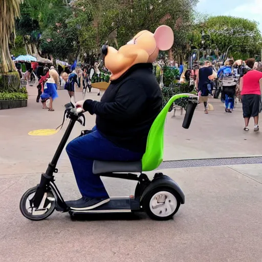Image similar to morbidly obese rat riding a mobility scooter at disneyworld, photo
