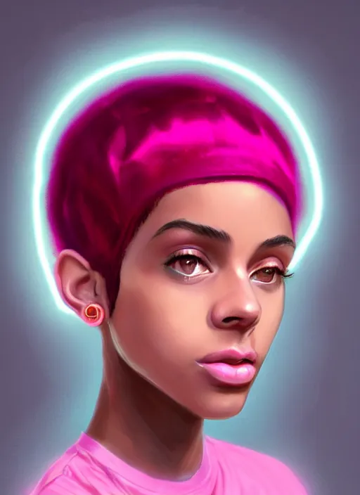 Image similar to portrait of teenage vanessa morgan with bright pink hair, black girl, curly pixie cut hair, wearing newsboy cap, pink short haircut, newsboy cap, hoop earrings, blue eyes, intricate, elegant, glowing lights, highly detailed, digital painting, artstation, concept art, smooth, sharp focus, illustration, art by wlop, mars ravelo and greg rutkowski