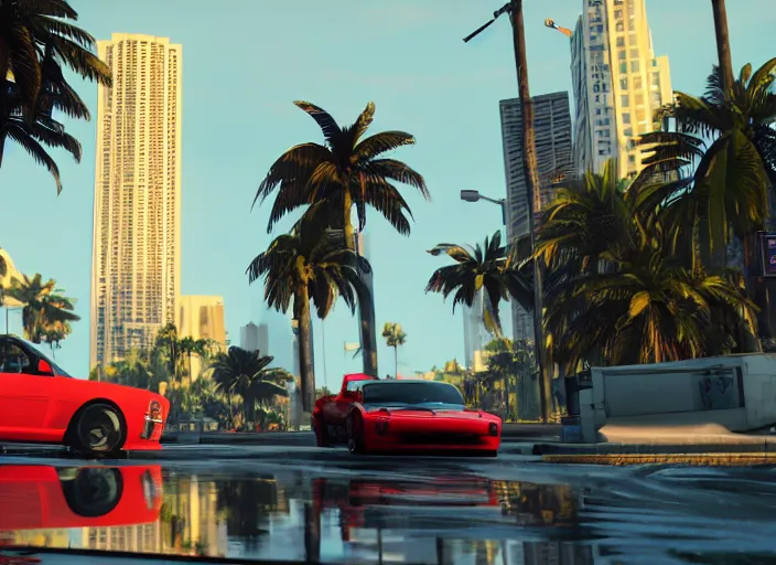 Image similar to still next - gen ps 5 game grand theft auto 6 2 0 2 4 remaster, graphics mods, rain, red sunset, people, reflections, gta vi, miami, palms and miami buildings, screenshot, unreal engine, 4 k, 5 0 mm bokeh, close - up ford mustang, gta vice city remastered, rtx, artstation