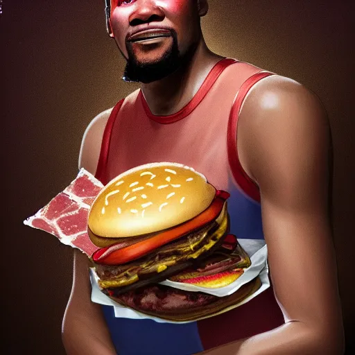 Prompt: portrait photography of Kevin Durant in clown makeup eating a giant hamburger, extra ketchup and mustard with overflowing bacon lettuce and tomato, cinematic lighting, highly detailed, feminine ethereal, D&D, hearthstone, digital painting, artstation, concept art, smooth, sharp focus, illustration, art by Terry Moore and Greg Rutkowski and Alphonse Mucha