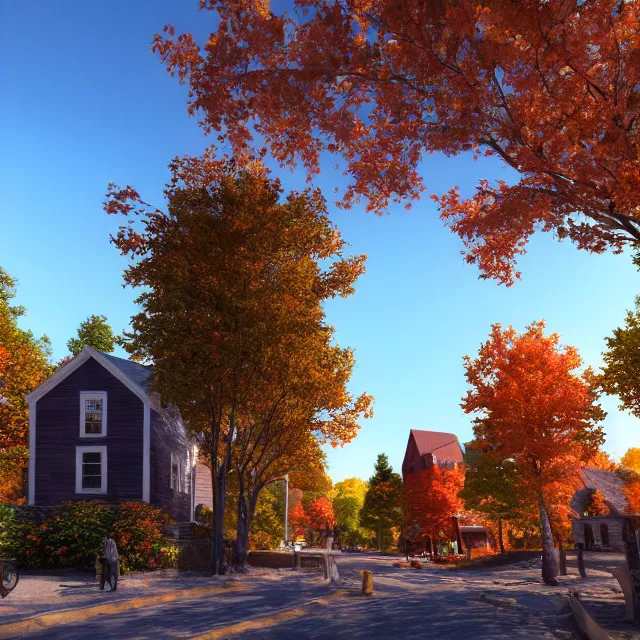 Image similar to small new england colonial city street with shops and pumpkins, maple trees with fall foliage, new hampshire mountain, stone walls, volumetric, realistic, cinematic lighting, ray tracing, unreal engine 5, octane render, hyper realistic, photo, 8 k