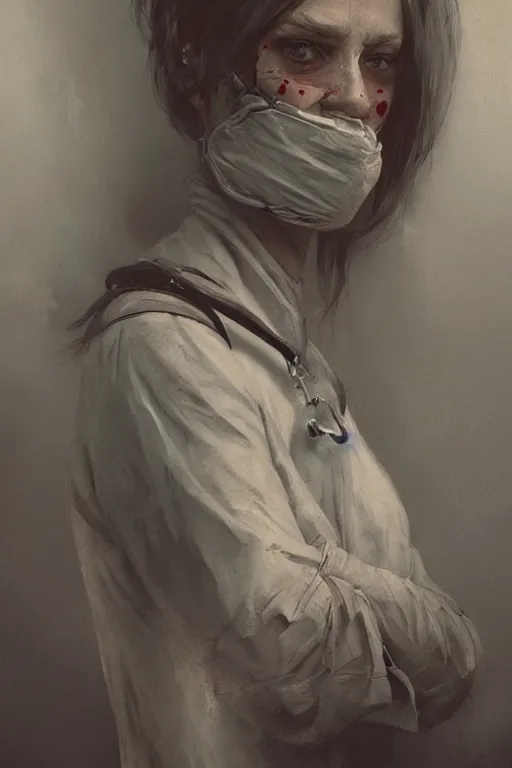 Image similar to The killer Nurse with the iron mask, horror, illustrated by Greg Rutkowski and Caspar David Friedrich., Trending on artstation, artstationHD, artstationHQ, 4k, 8k