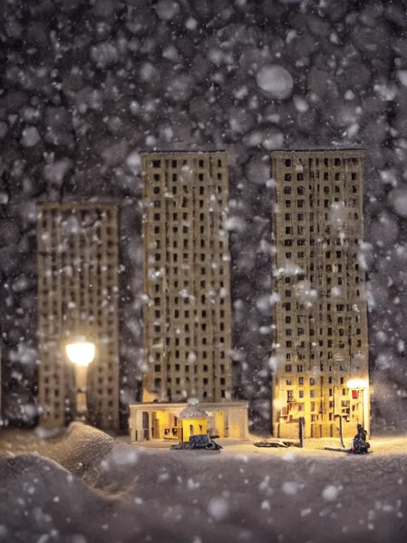 Image similar to mega detailed miniature diorama a soviet residential building, brutalism architecture, warm lights are on in the windows, man lies in the snow, dark night, fog, winter, blizzard, cozy and peaceful atmosphere, row of street lamps with warm orange light, several birches nearby