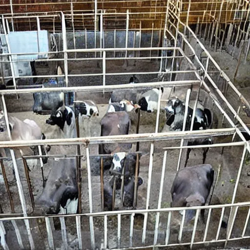 Prompt: a prison filled with cows