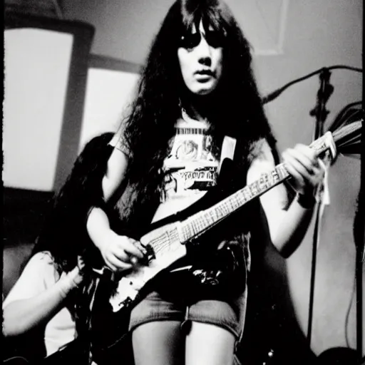 Image similar to 19-year-old girl, long shaggy black hair, playing electric guitar, stoner rock concert, proto-metal, doom metal, live on stage, super 8mm, 1973