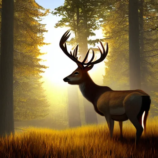 Prompt: buck white tail with large antlers standing on top of a hill with light shining through the trees in the early morning, global illumination, volumetric shadows, volumetric lighting digital painting, trending on artem, trending on deviantart,