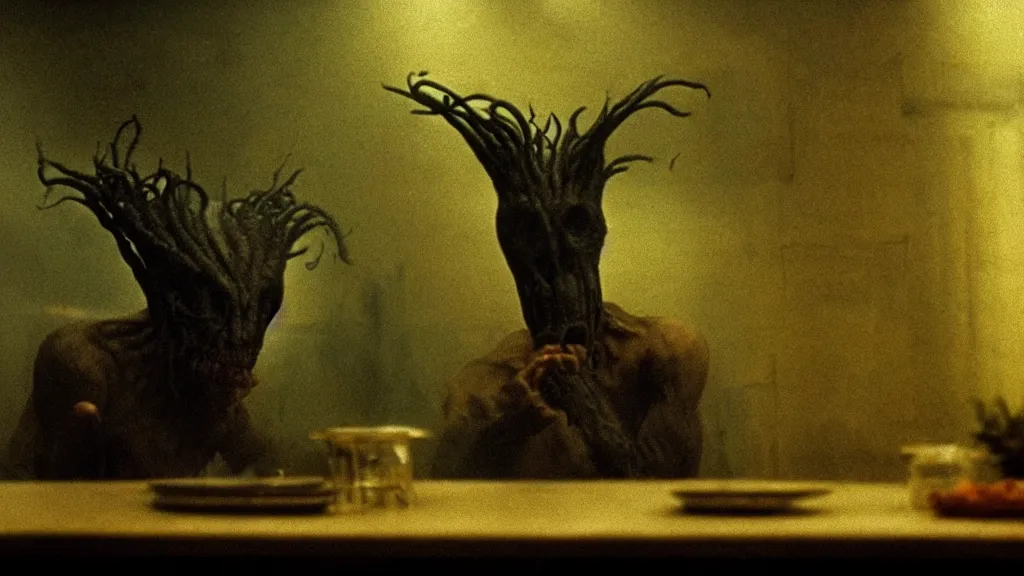 Image similar to the strange creature in the restaurant kitchen, film still from the movie directed by denis villeneuve and david cronenberg with art direction by salvador dali and zdzisław beksinski,