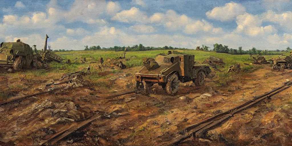 Image similar to landscape of the eastern front, summertime, abandoned equipment, shell holes, oil painting in the style of peredvizhniki