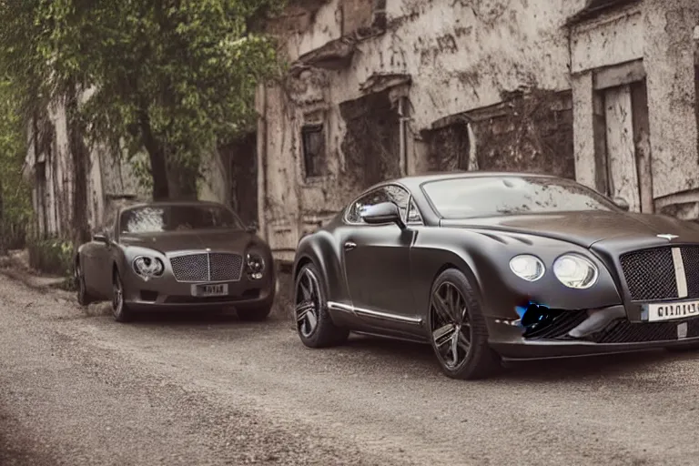 Prompt: modern rusty matte Bentley Continental GT without gloss no reflections drives along the road of an old Russian village with houses at the edges