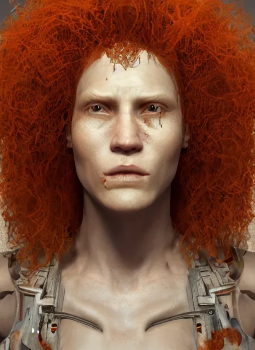 Prompt: biopunk portrait of curly orange hair man from doom 3, au naturel, hyper detailed, digital art, trending in artstation, cinematic lighting, studio quality, smooth render, unreal engine 5 rendered, octane rendered, art style by klimt and nixeu and ian sprigger and wlop and krenz cushart.