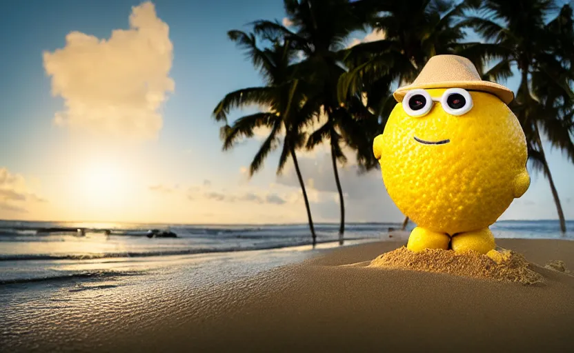 Image similar to 5 0 mm photograph, of a real anthropomorphic lemon character, fit, with lemon skin texture, it is wearing a hat and scuba diving, building a sandcastle on the beach at sunset, beach, huge waves, sun, clouds, tropical trees, rim light, cinematic photography, professional, sand, sandcastle, volumetric lightening