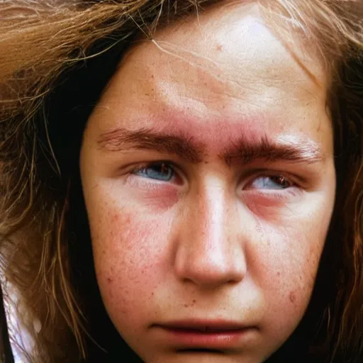 Image similar to a candid extreme closeup portrait of an expressive face of a super busy young woman by annie leibovitz