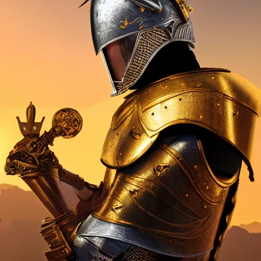 Image similar to a highly detailed knight in a T golden helmet and a golden crown with a blue diamond in the center, golden armor, leather clothes under the armor, leather gloves, holds a black sword, artstation, DeviantArt, professional, octane render, sunset lighting