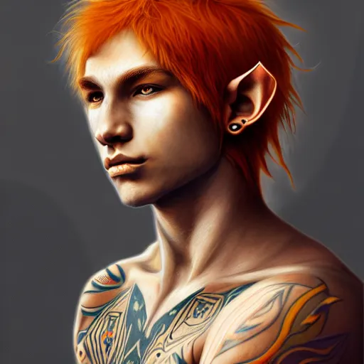 Image similar to portrait painting of an elven male teenager with short light orange hair and tribal tattoos on his face wearing fur armor, sharp focus, award - winning, trending on artstation, masterpiece, highly detailed, intricate. art by aurore folny