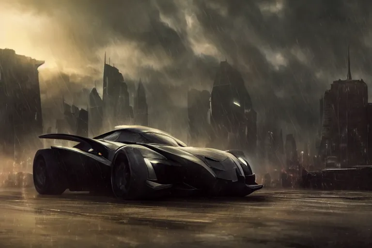 Prompt: the batmobile waiting for passage in gotham city. octane render. 8 k. dark. atmospheric. cinematic. spectacular. sense of awe. mist. strong winds. sunrise. super slowmotion. matte painting painted by thu berchs and peter mohrbacher