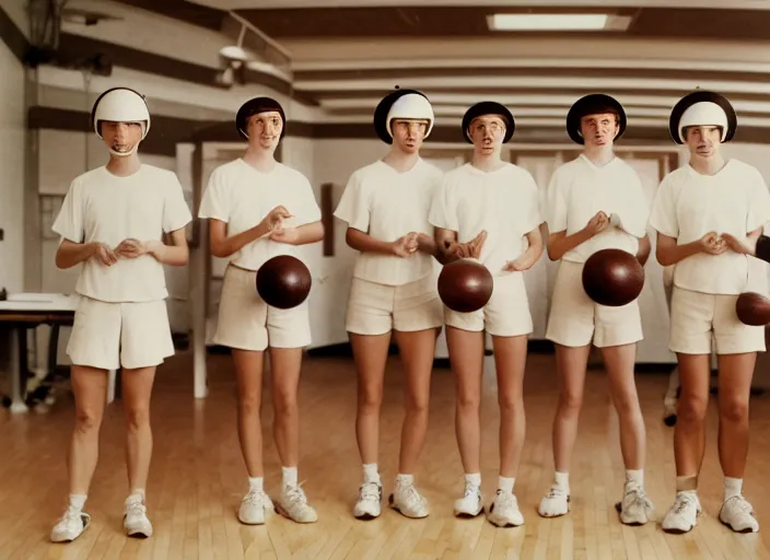 Prompt: realistic documentary photo of a a group of athletic students wearing white feather shorts, wearing wooden spherical helmets made of wood, standing in a big physics science classroom 1 9 9 0, life magazine reportage photo, neutral colors, neutral lighting