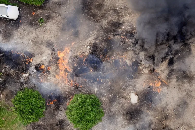 Prompt: drone picture of disaster girl the great serpent standing in front of burning house looking at camera by celebi