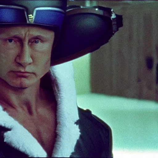 Image similar to Vladimir Putin as a villain in the Power Rangers movie from 1995, fighting, close-up, still