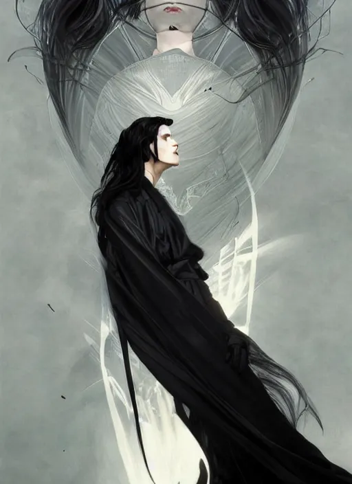 Prompt: portrait of a goth tall man with wind swept black hair wearing a futuristic long flowing black robe , intricate, elegant, highly detailed, digital painting, artstation, concept art, smooth, sharp focus, illustration, art by artgerm and greg rutkowski and alphonse mucha and francisco goya