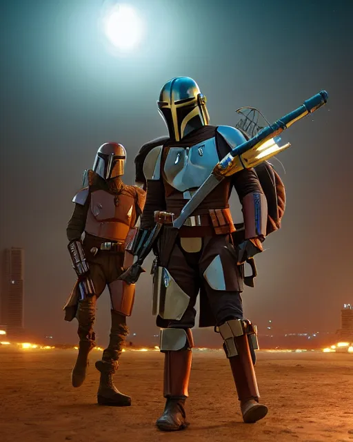 Prompt: off angle beautiful full body shot film still of the Mandalorian at night in science fiction city, volumetric lighting, action pose, low angle, hard surface modeling, unreal, redshift, 3d model, 8k