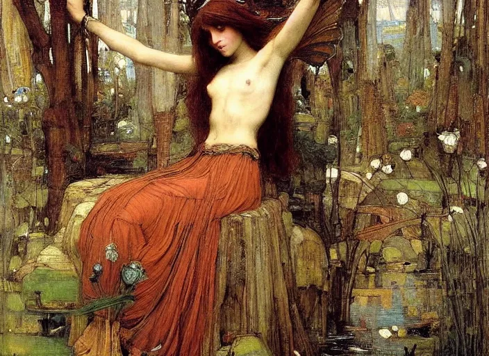 Prompt: a masterpiece painting of a beautiful, lean faerie queen by john william waterhouse, symmetrical, muted colors