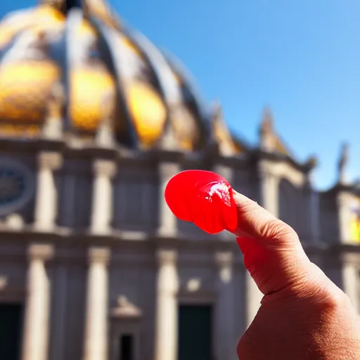 Image similar to artistic photograph of a man showing middle finger with color condom on it from behind by ai weiwei, st peter's basilica slighly out of focus in background