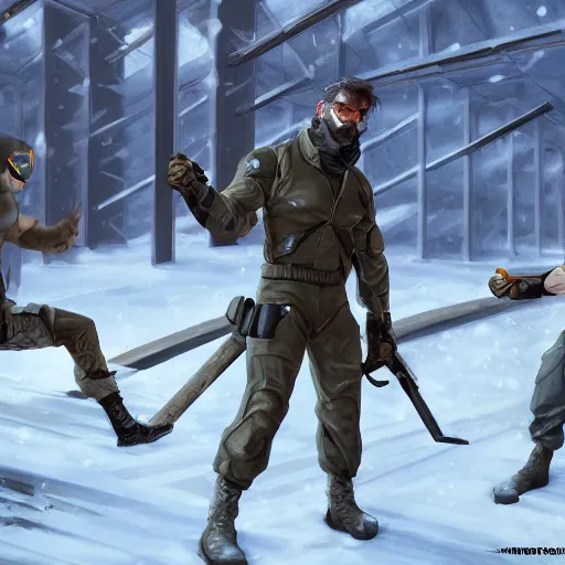 Prompt: Solid Snake from MGS and Gordon Freeman from Half-Life melee fight against each other on an abandoned military base, winter, very detailed, hyper realism, epic, close-up fight, digital art, concept art, illustration, artstation, cgi, 4k