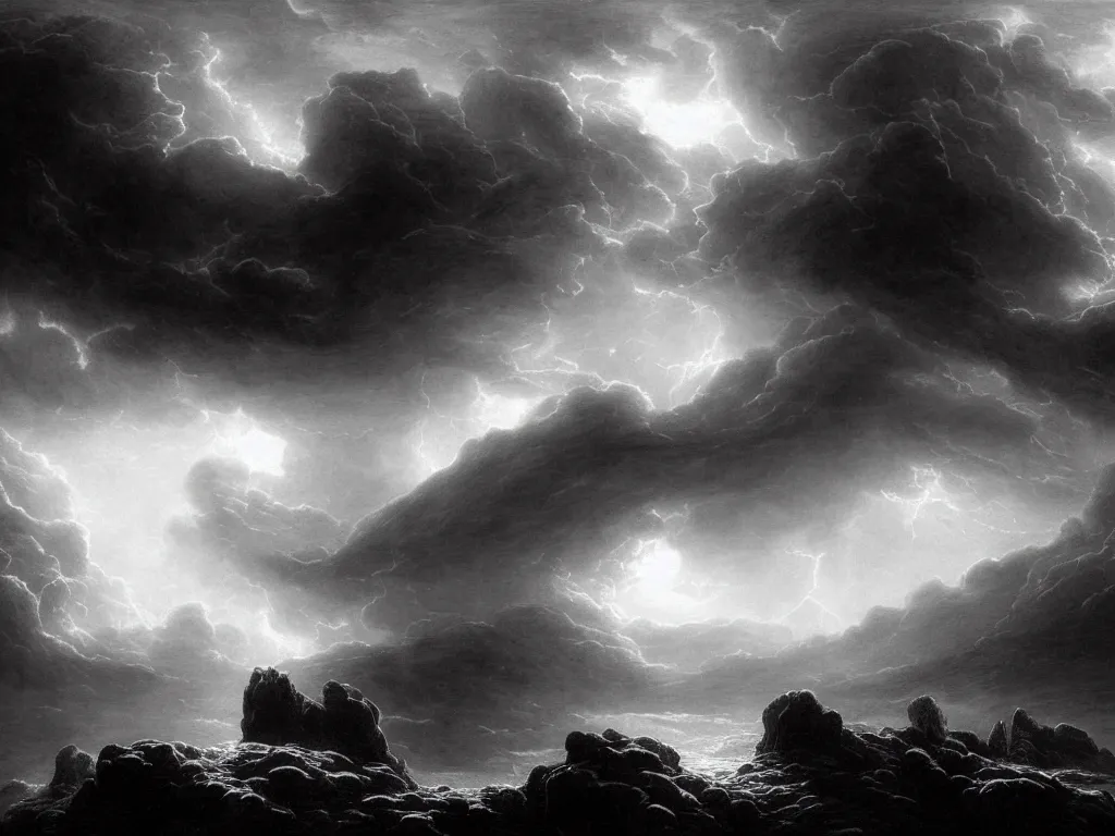 Prompt: very detailed, dark super storm, hyper realistic clouds that resemble large mountains, levitating large rocks. impressive, magical, very atmospheric, fog, cinematic, deep, very high complexity, stunning, dramatic masterpiece, iridescent, chiaroscuro, by gustave dore, caspar david friedrich, ian miller, very detailed. 4 k