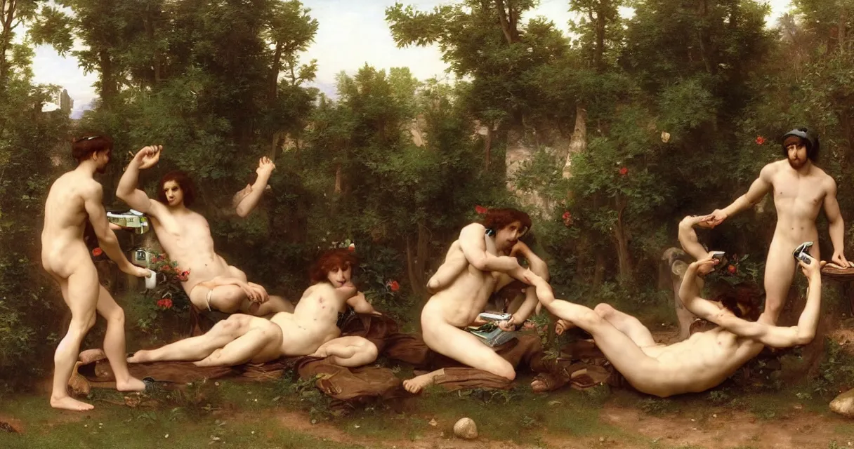 Prompt: pre-Raphaelite male muscular athletic gamers wearing headsets and playing video-games on laptops playstation5 x-box and PC by Bouguereau and raphael