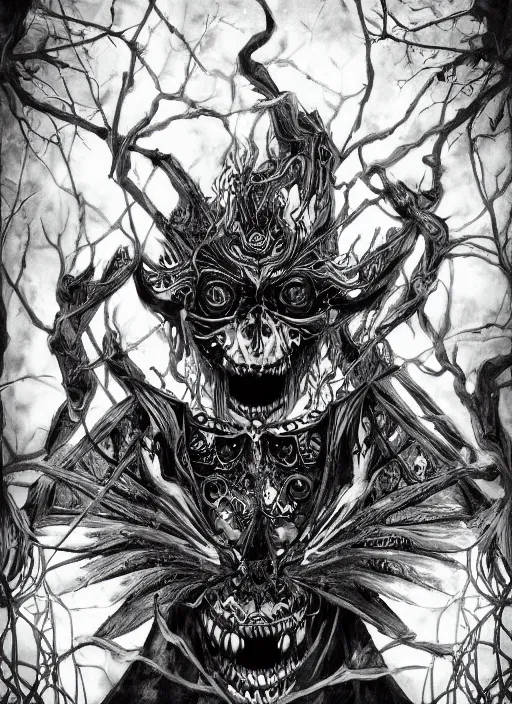 Image similar to digital _ painting _ of _ shinigami japanese horror black and white _ by _ filipe _ pagliuso _ and _ justin _ gerard _ symmetric _ fantasy _ highly _ detailed _ realistic _ intricate _ port