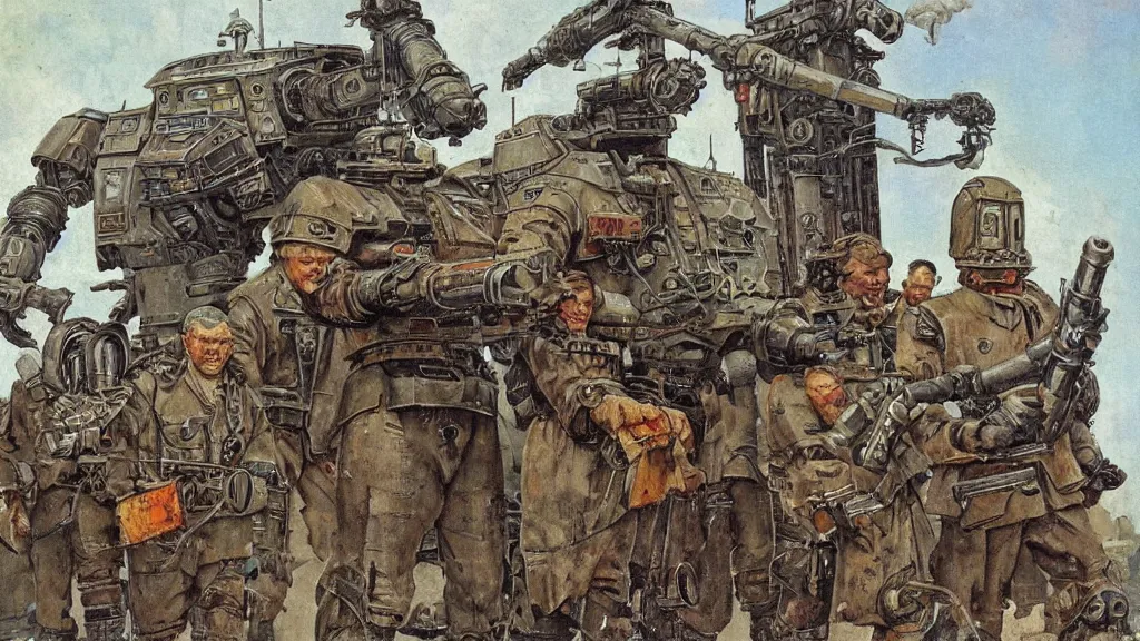 Prompt: Soviet mechs in the style of Norman Rockwell, sci-fi illustrations, highly detailed, intricate, photorealistic, award-winning, patriotic, soviet, ussr, dark, gritty, ink