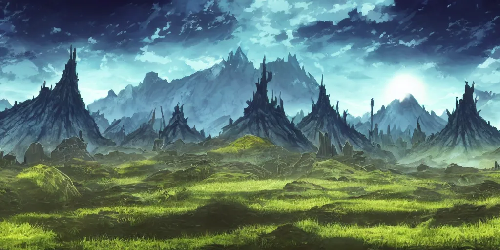 Image similar to landscape, medieval, claymore anime background, world destroyer from claymore manga towering in the sky, a forest in the foreground, mountains in the background, concept art, colour, illustration, smooth, sharp focus, tilted angle, intricate, trending on artstation, trending on deviantart, 4 k