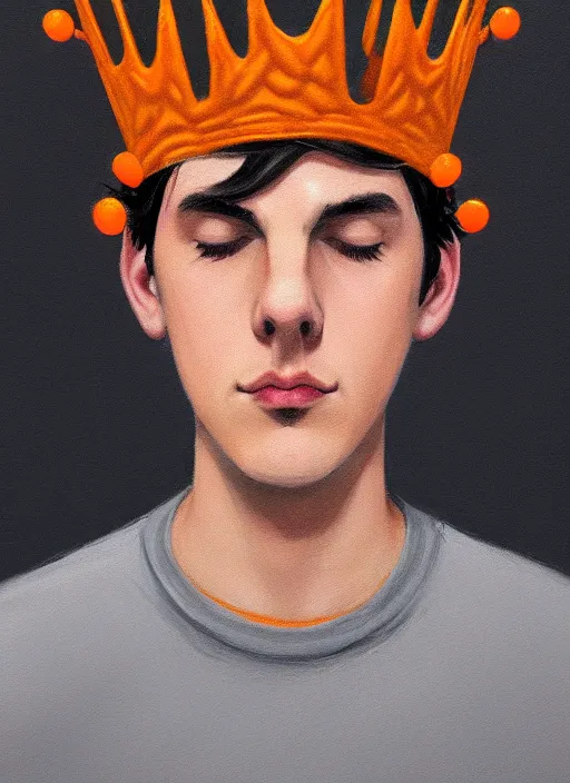 Image similar to portrait of teenage jughead jones wearing a light grey crown, symmetrical crown, hamburger background, eyes closed, crown, black hair, orange, intricate, elegant, glowing lights, warm lighting, highly detailed, digital painting, artstation, concept art, smooth, sharp focus, illustration, art by wlop, mars ravelo and greg rutkowski